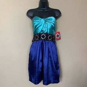 Trixxi Teal and Royal Blue Sequin Beaded Sweetheart Neck Strapless Mini Dress